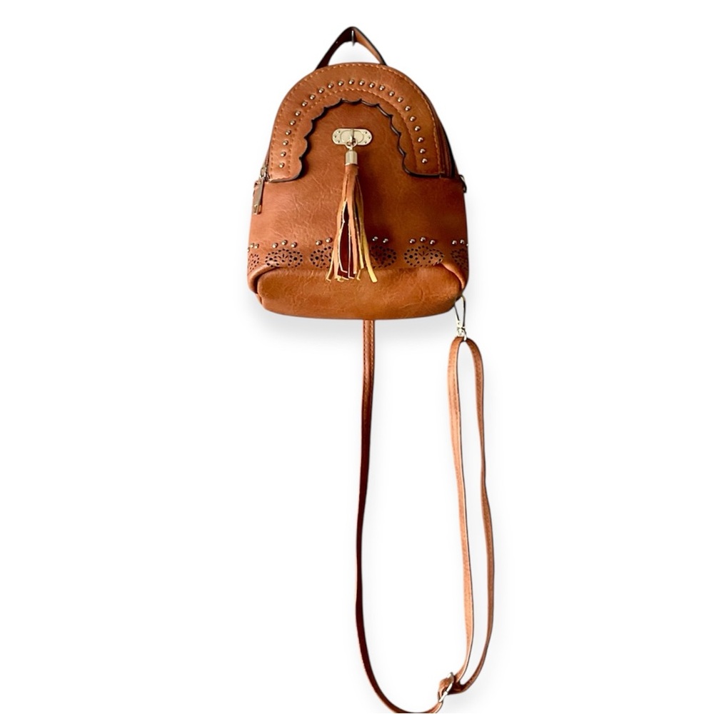 Mini Brown faux Leather Backpack with Tassel
